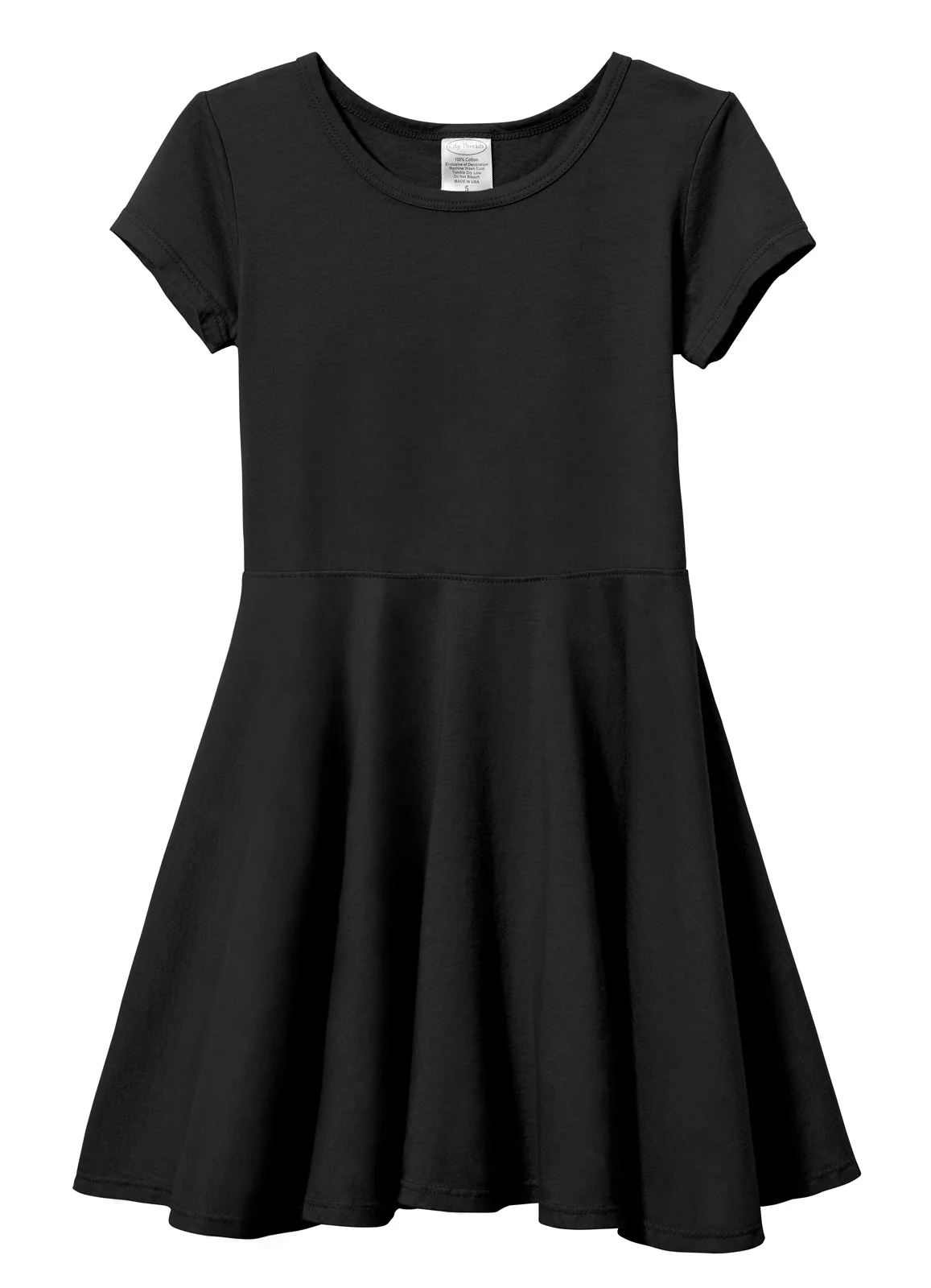 Girls Soft Cotton Jersey Short Sleeve Twirly Dress | Black - Drispect