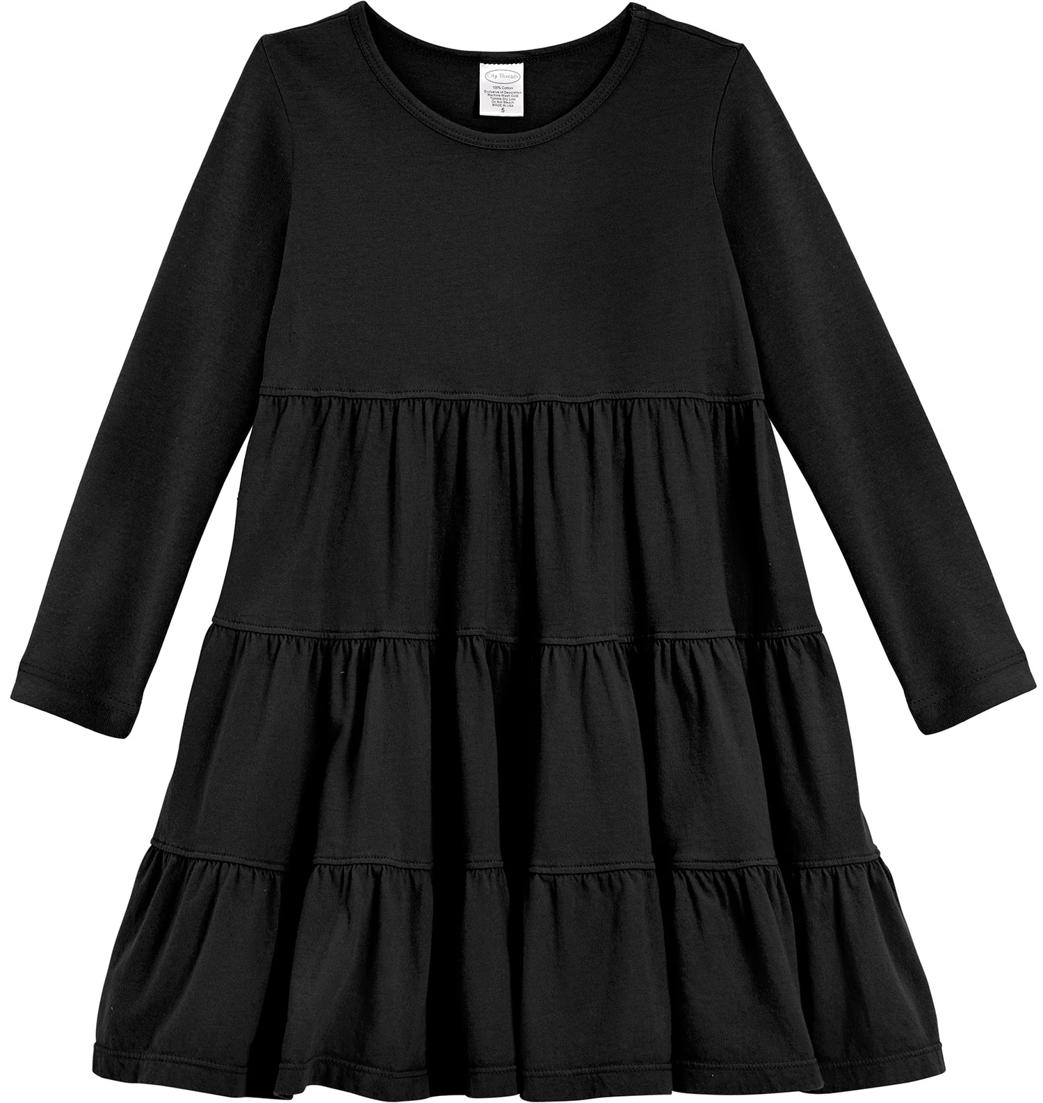 Girls Soft Cotton Jersey Long Sleeve Tiered Dress | Black - Drispect
