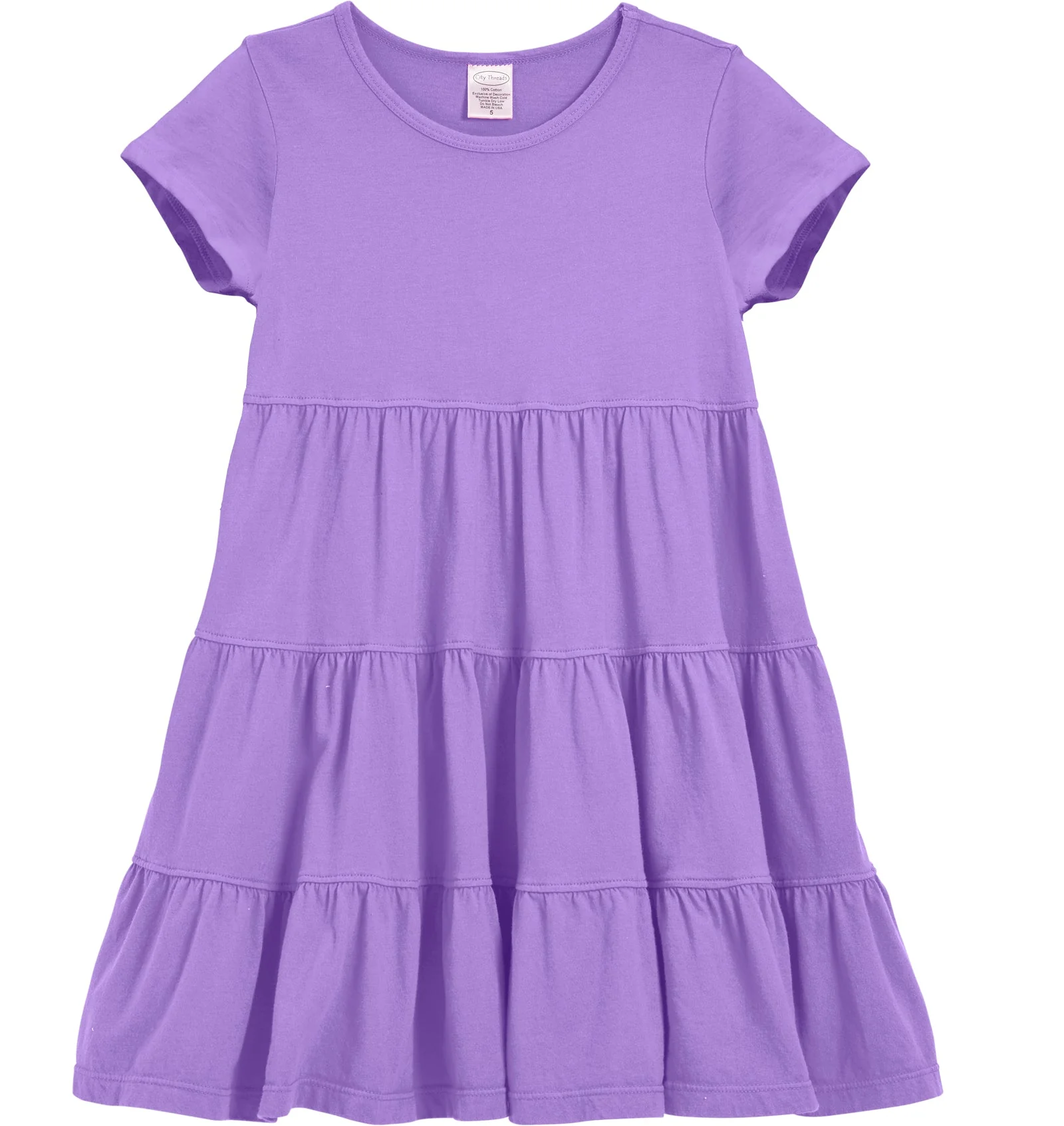 Girls Soft Cotton Jersey Short Sleeve Tiered Dress -Seconds| Damage-Deep Purple - Drispect
