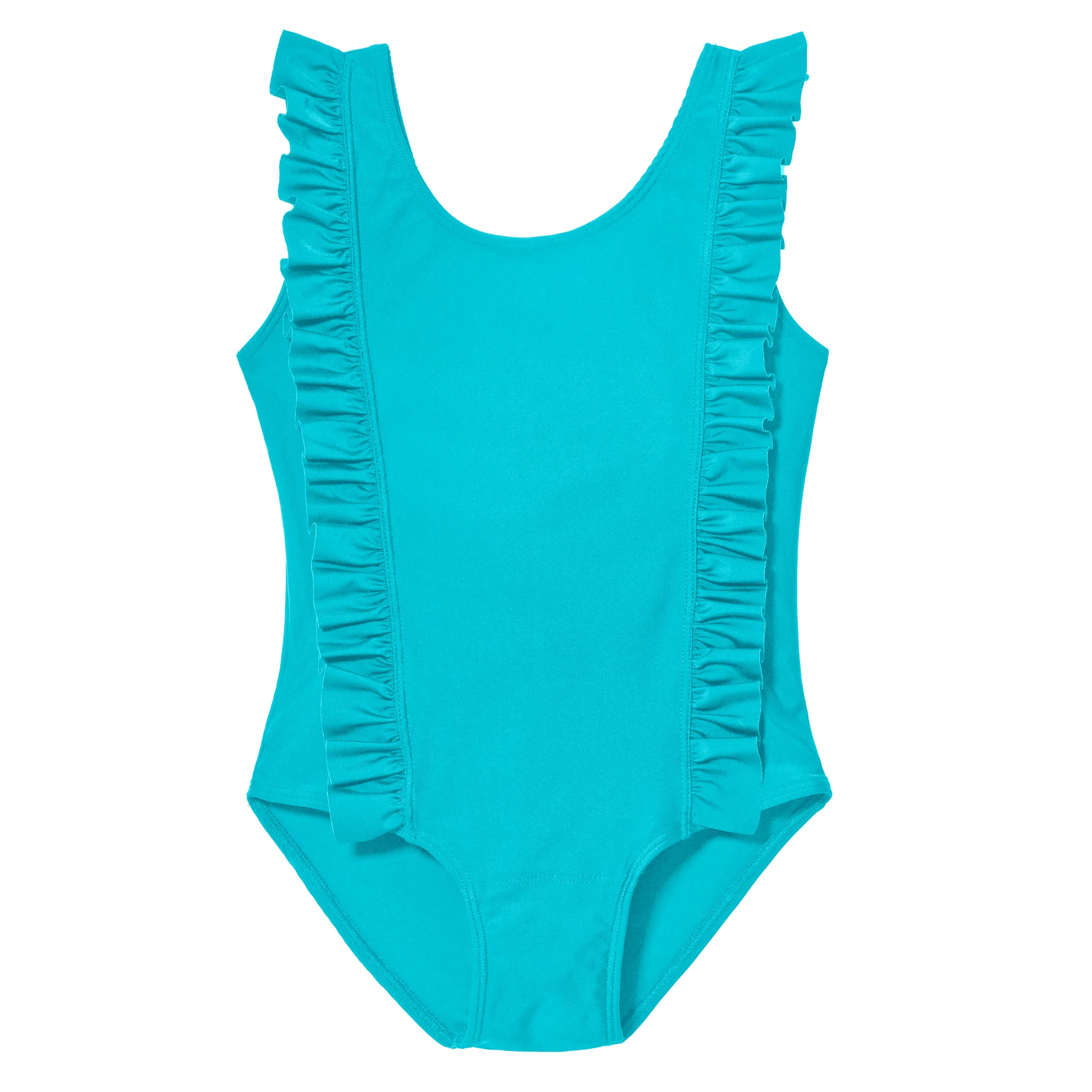 Girls UPF 50+ One-Piece Ruffle Front Swimsuit  | Turquoise - Drispect