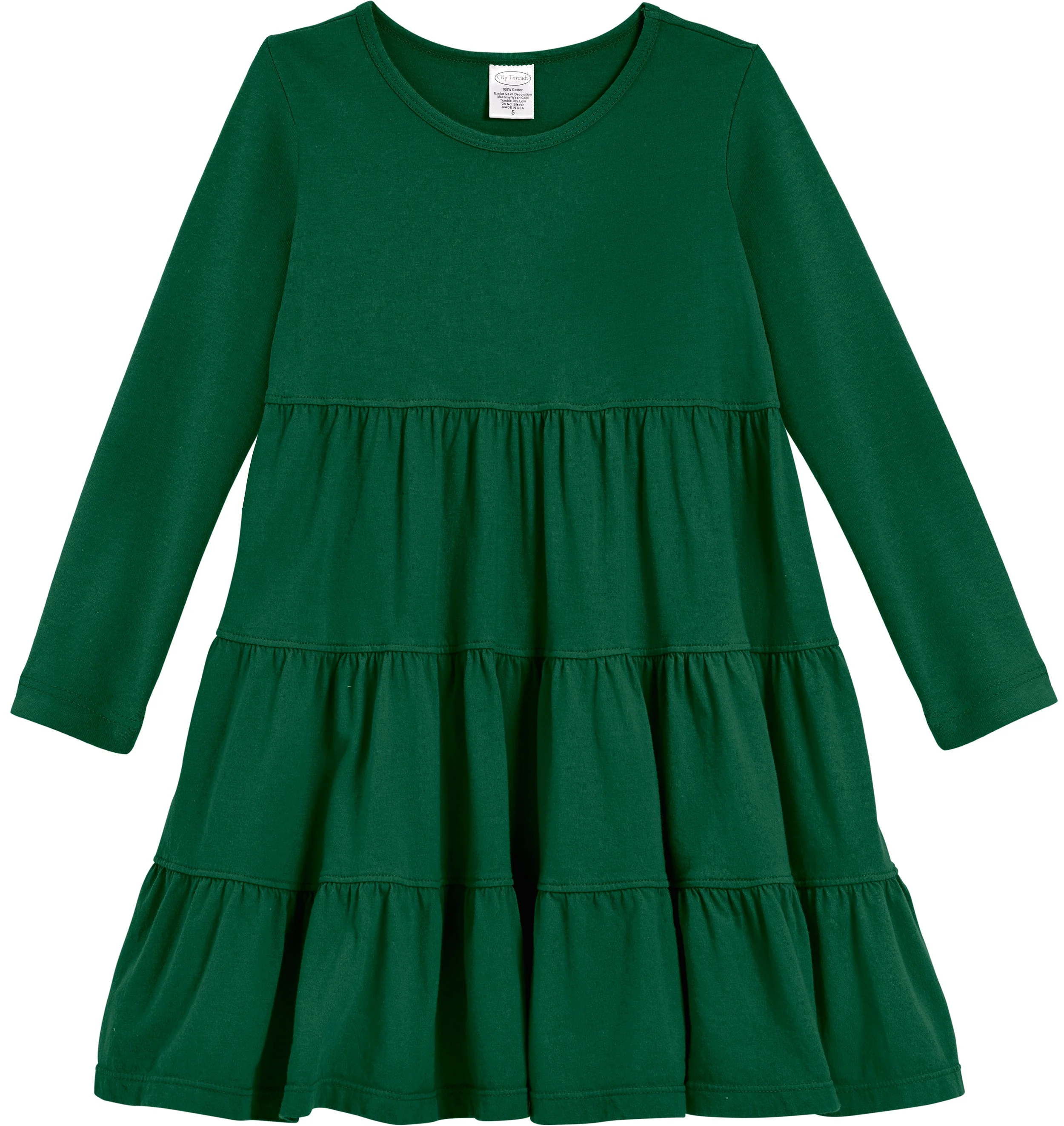 Girls Soft Cotton Jersey Long Sleeve Tiered Dress | Forest Green - Drispect