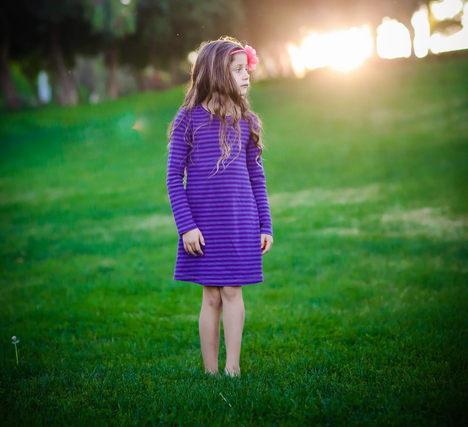 Girls Soft Stripe Long Sleeve Dress | Forest Green - Drispect