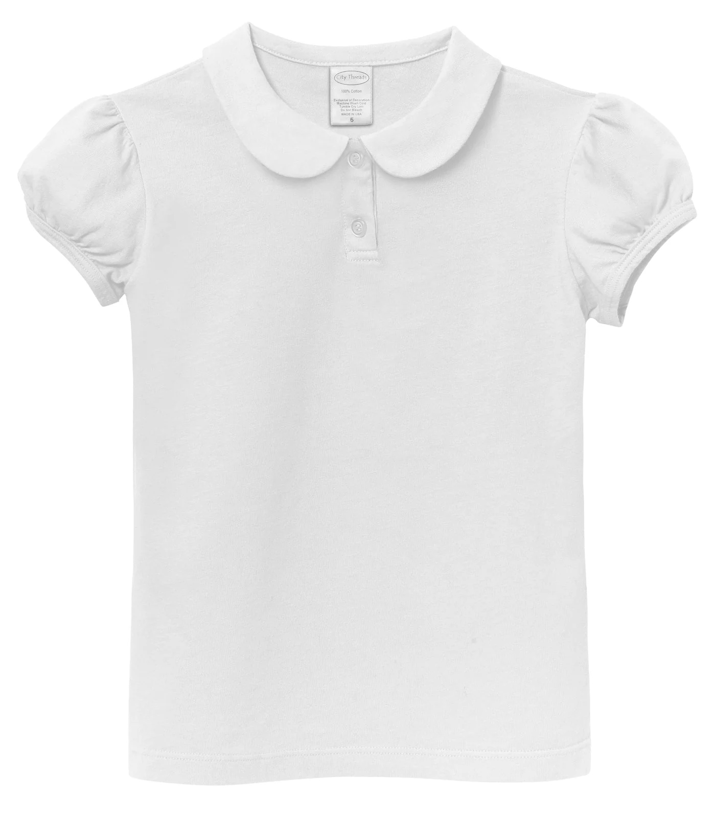 Girls Soft Cotton Jersey Peter Pan Collar Polo Puff Short Sleeve Tee-Seconds | Damage White - Drispect