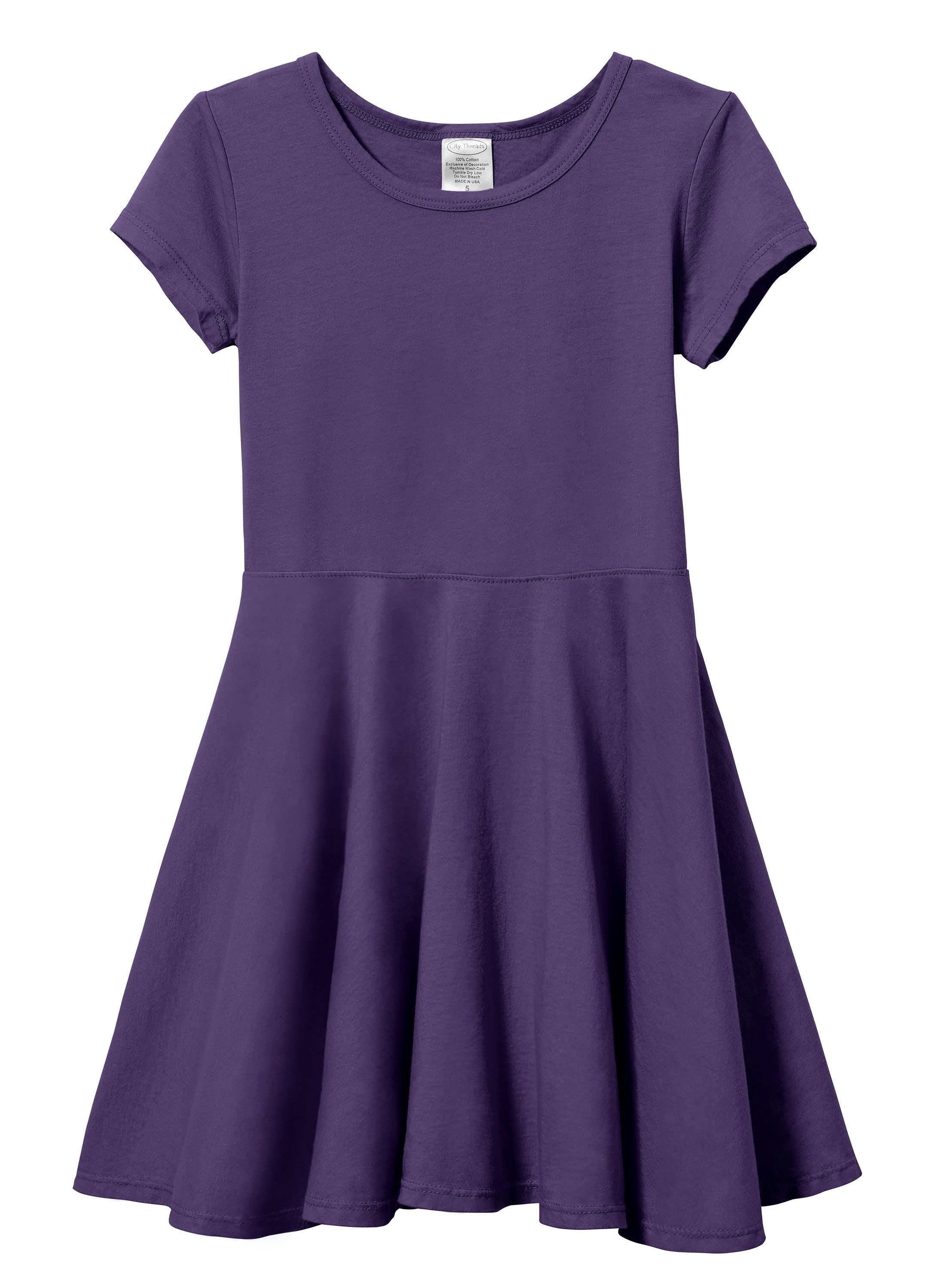 Girls Soft Cotton Jersey Short Sleeve Twirly Dress | Purple - Drispect