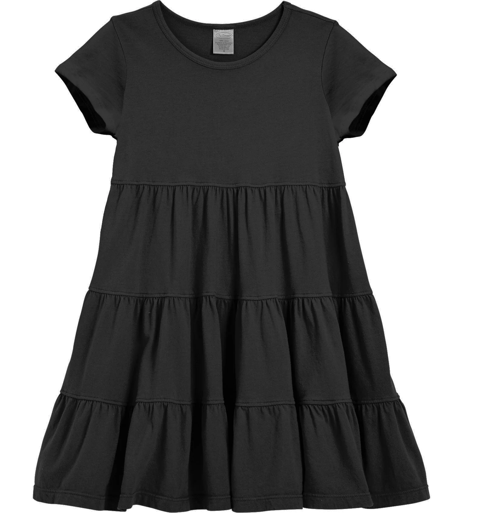 Girls Soft Cotton Jersey Short Sleeve Tiered Dress -Seconds| Damage-Black - Drispect