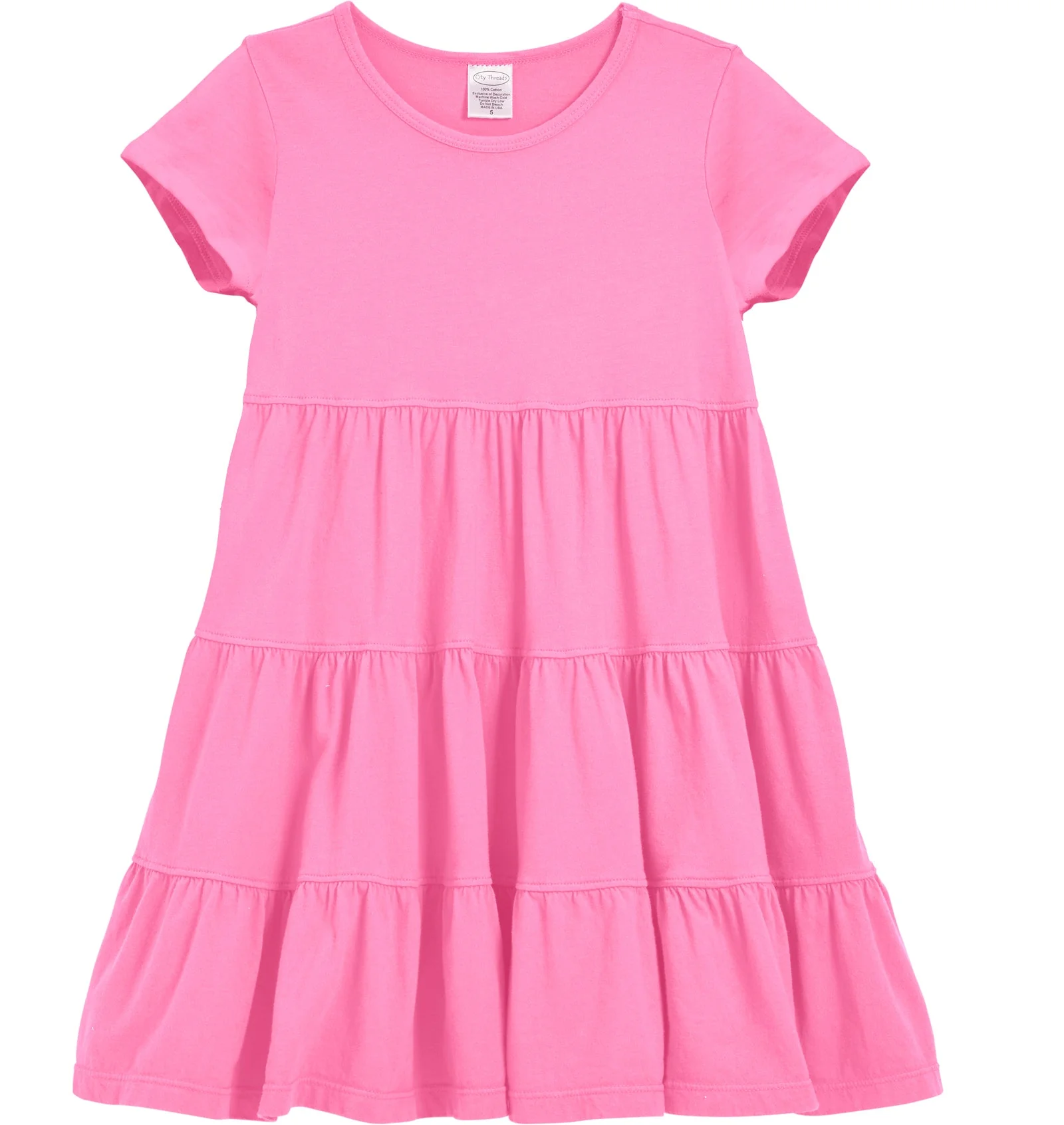 Girls Soft Cotton Jersey Short Sleeve Tiered Dress -Seconds| Damage-Medium Pink - Drispect