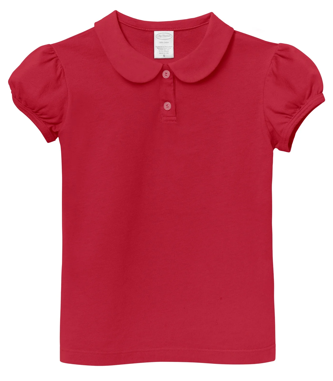 Girls Soft Cotton Jersey Peter Pan Collar Polo Puff Short Sleeve Tee-Seconds | Damage Uniform Red - Drispect