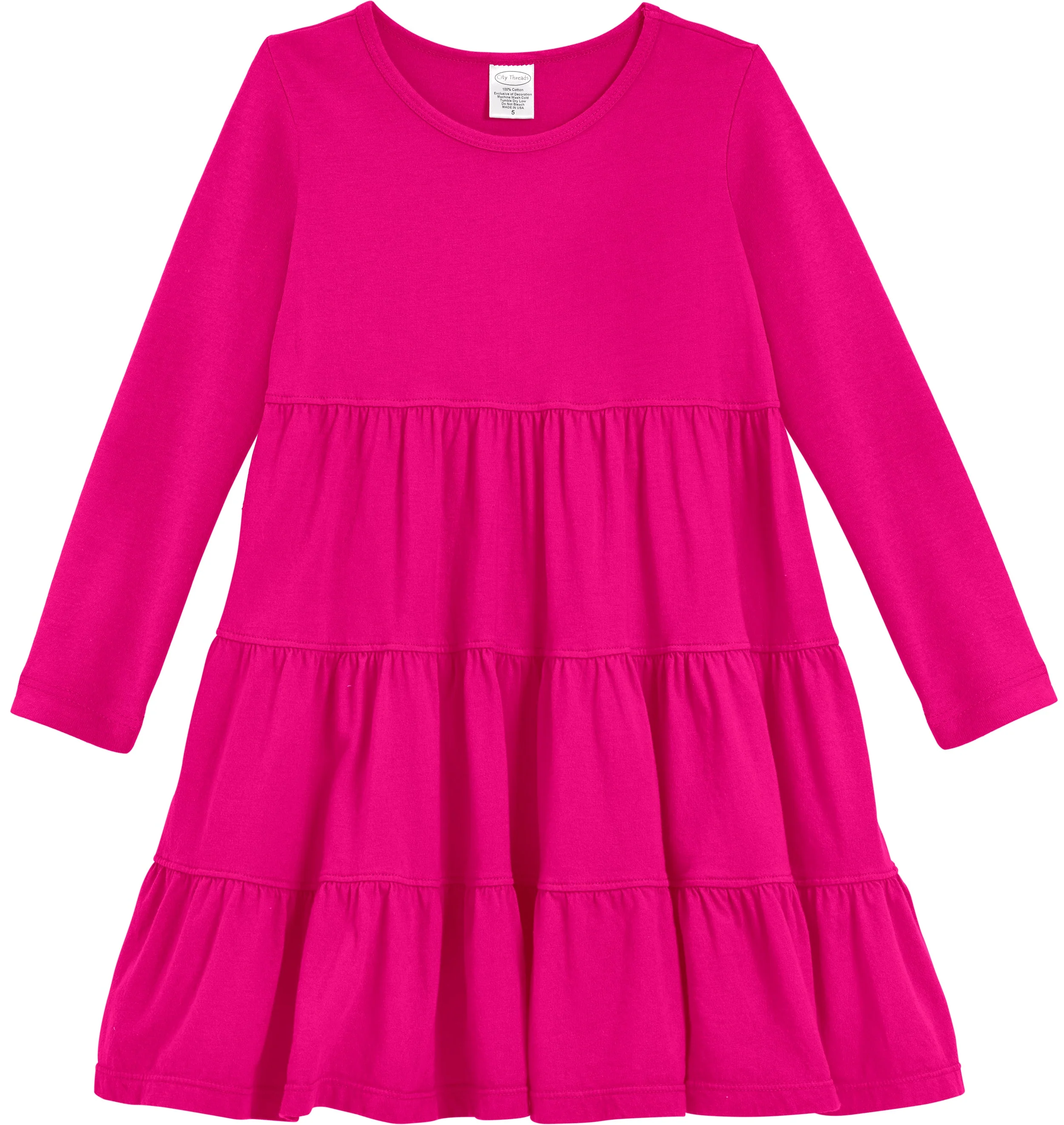 Girls Soft Cotton Jersey Long Sleeve Tiered Dress | Hot Pink - Drispect