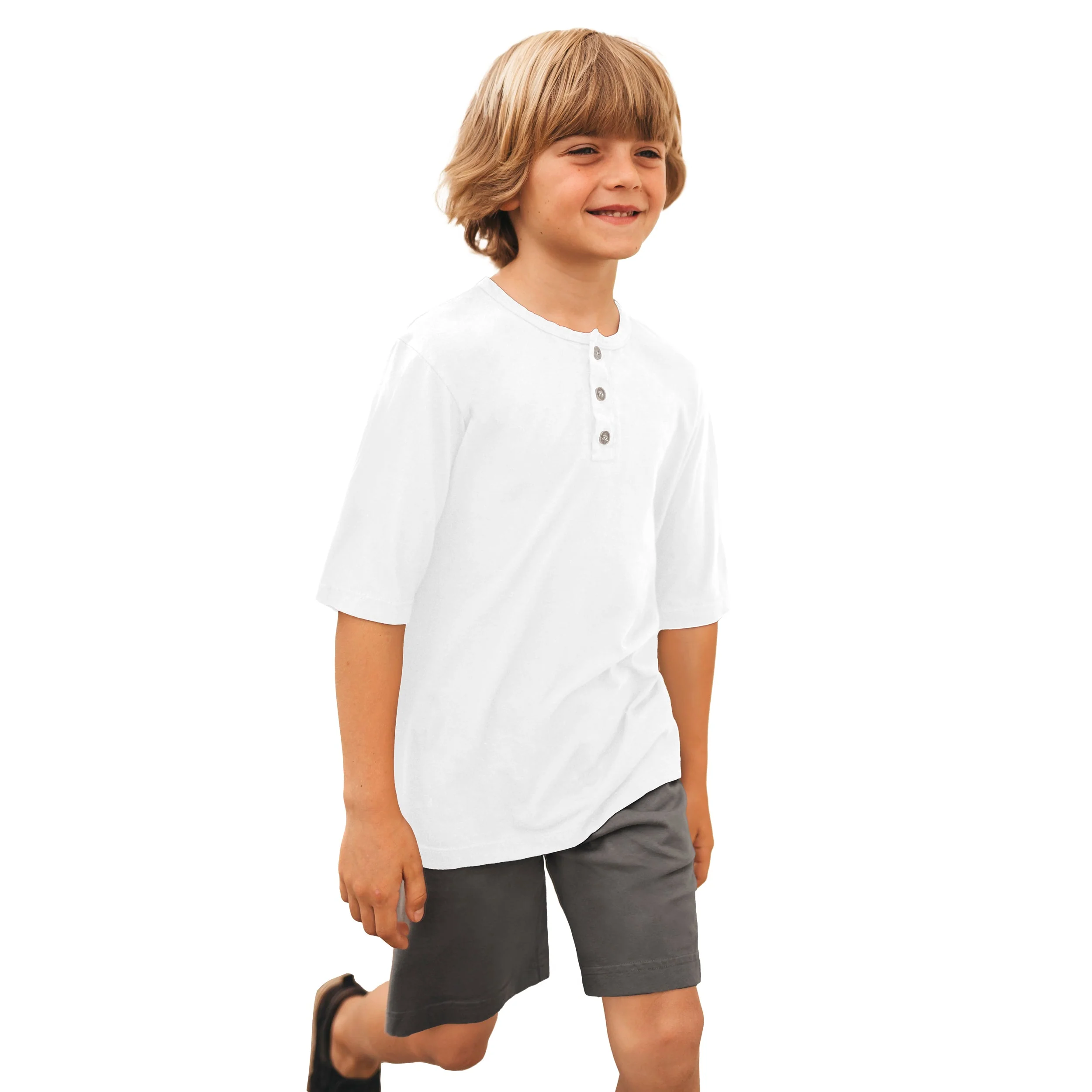 Boys Soft Organic Cotton Jersey Short Sleeve Henley Tee | White - Drispect