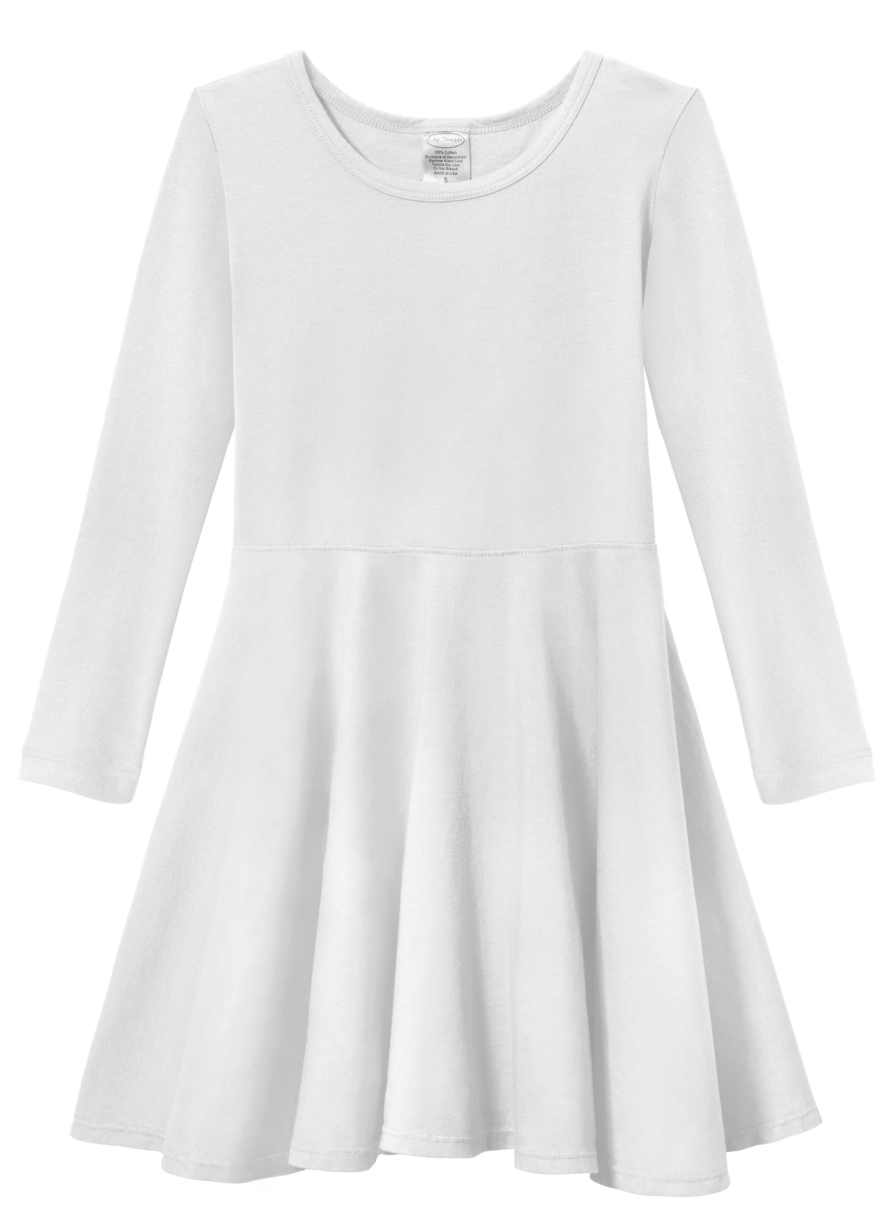 Girls Soft Cotton Jersey Long Sleeve Twirly Dress | White - Drispect
