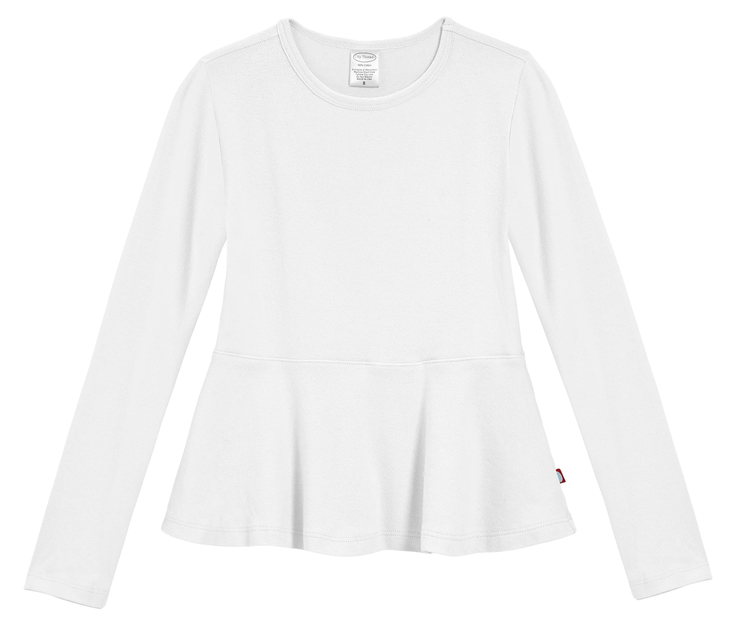 Girls Soft Cotton Long Sleeve Peplum Tee | White - Drispect